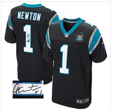 NEW Panthers #1 Cam Newton Black Team Color With 20TH Season Patch Stitched Autographed Jersey