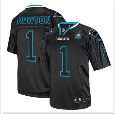 NEW Panthers #1 Cam Newton Lights Out Black With 20TH Season Patch Stitched Jersey